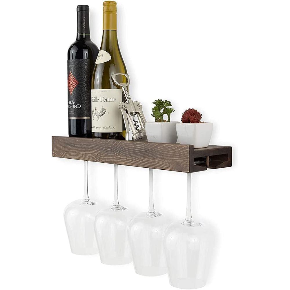 Wine Rack Wall Mount - Wandgemonteerd houten zwevend wijnflessenrek met glazenhouder,
