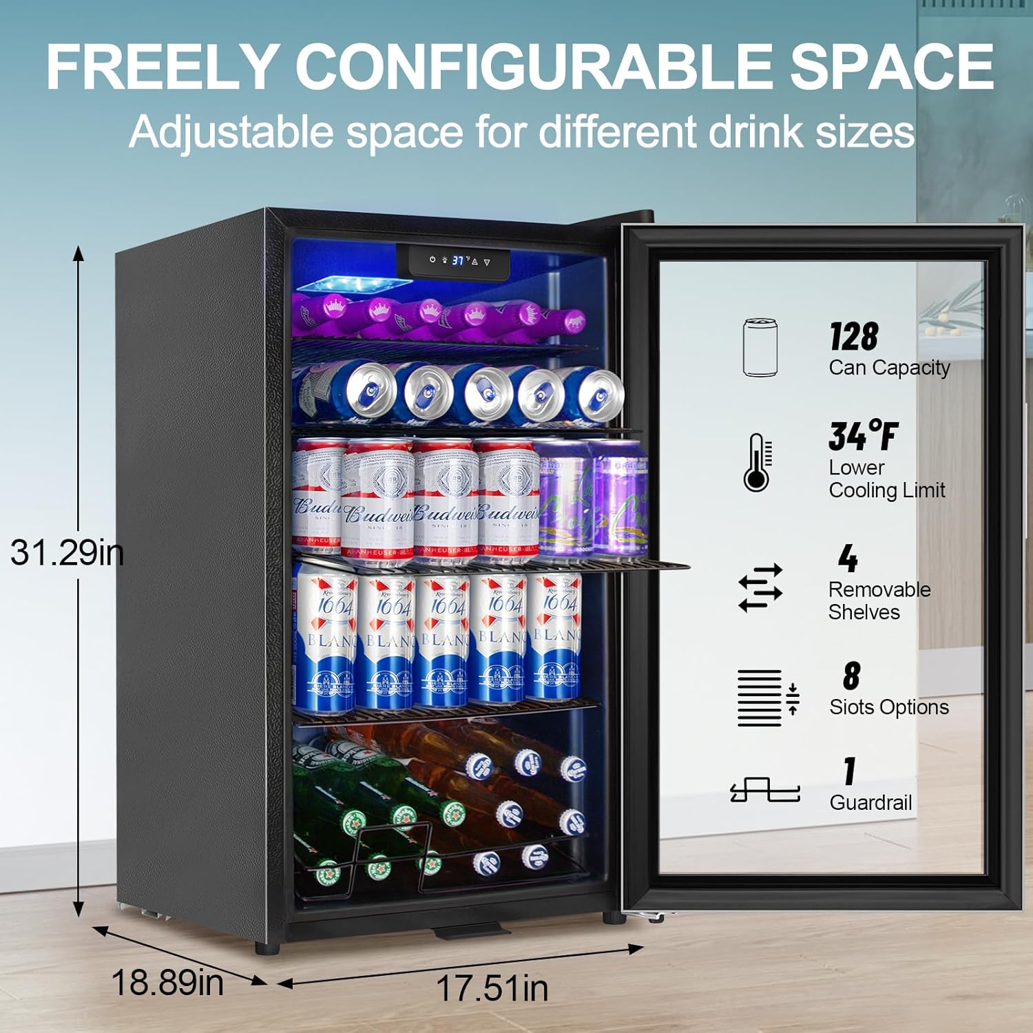Wine Beer Mini Fridge - 3,2 Cu.Ft 128 blikjes drankenkoelkast mini